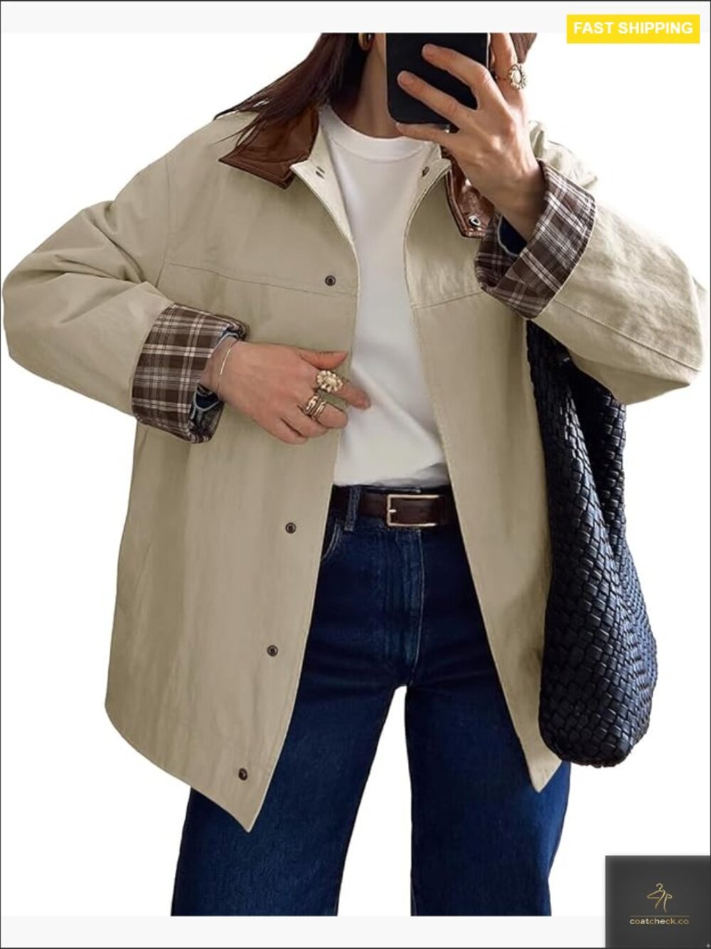 Oversized Trench Coat Plaid Color Block Leather Collar Windproof Office Fall
